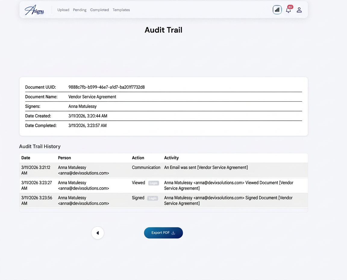 Asignu audit trail showing document history and signing events