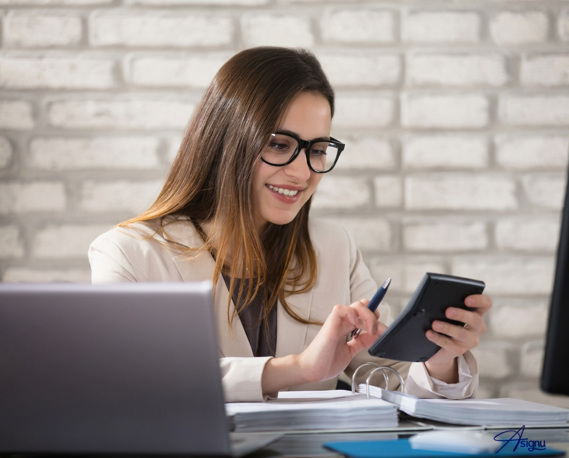 Accountant reviewing client paperwork at her desk