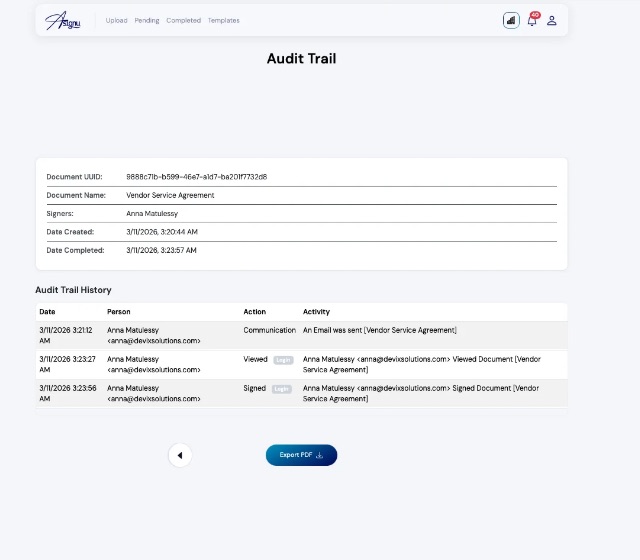 Asignu audit trail showing document history and signing events